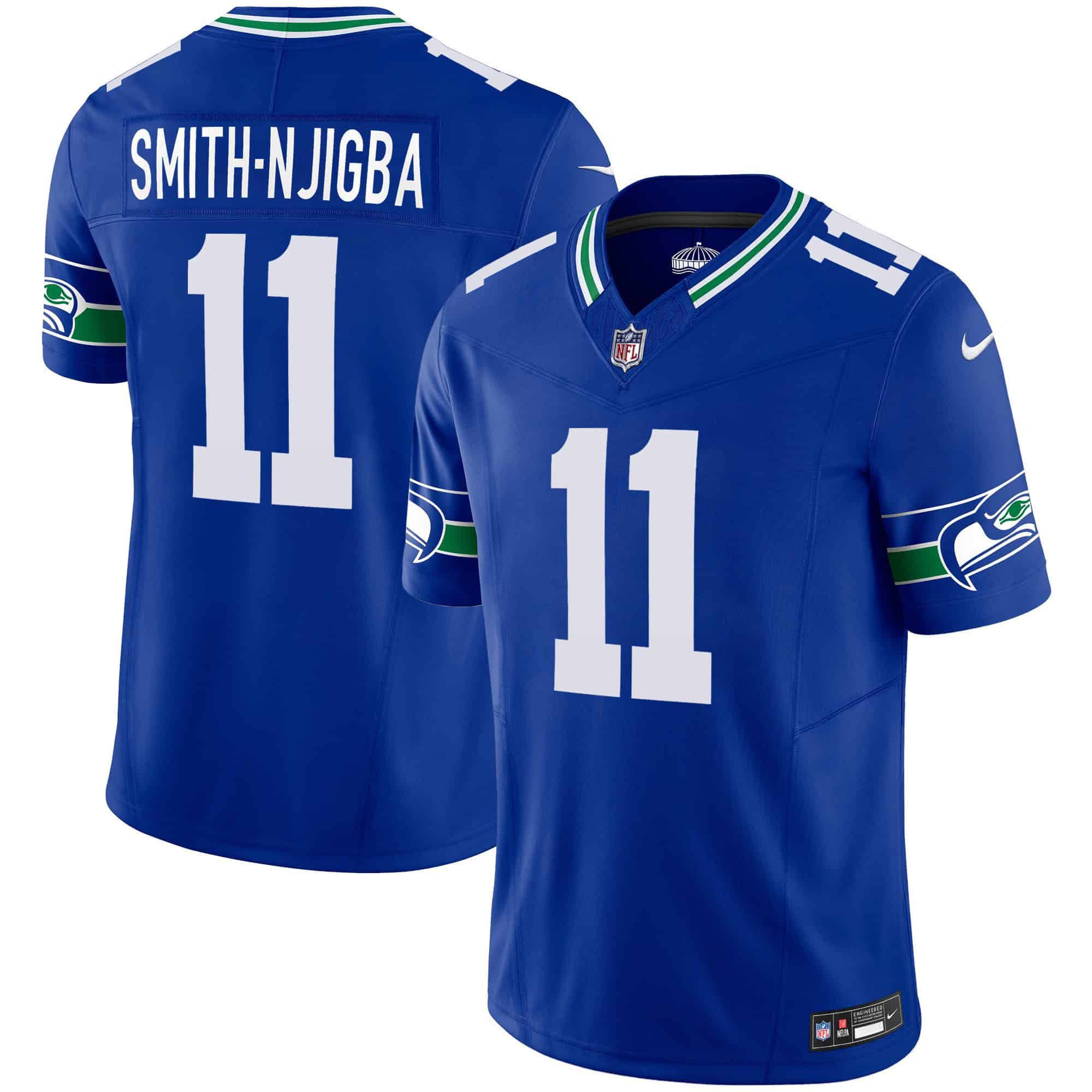 Men Seattle Seahawks 11 Smith-Njigba Blue 2024 Nike Throwback Vapor Limited NFL Jersey style 1